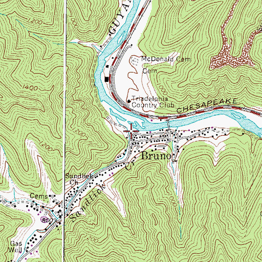 Topographic Map of Bruno Post Office, WV