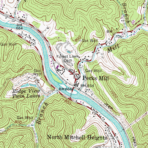 Topographic Map of Pecks Mill Post Office, WV