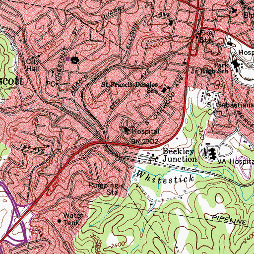Topographic Map of Beckley Hospital (historical), WV