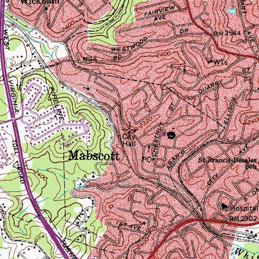 Topographic Map of Mabscott City Hall, WV
