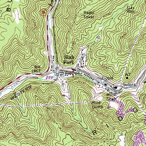 Topographic Map of Slab Fork Post Office, WV