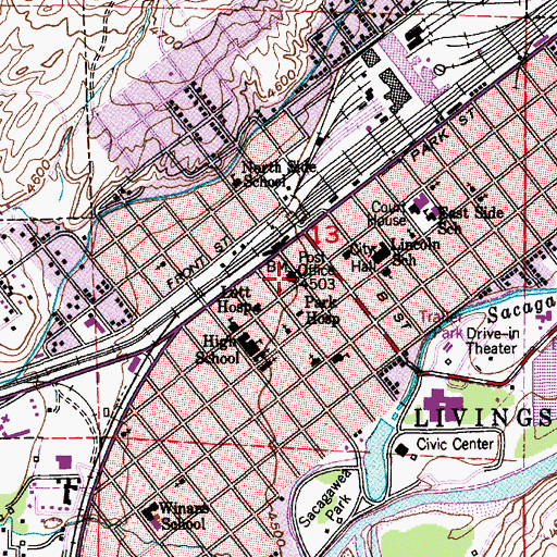 Topographic Map of Livingston Post Office, MT