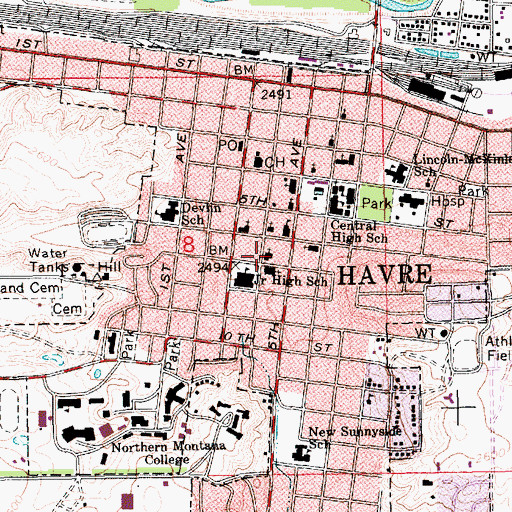 Topographic Map of First Baptist Church, MT