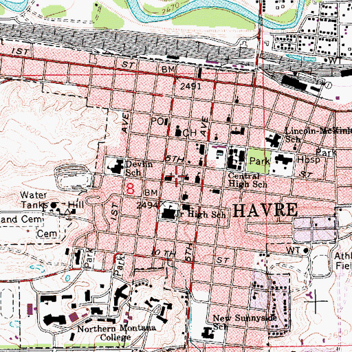 Topographic Map of Havre Seventh Day Adventist Church, MT