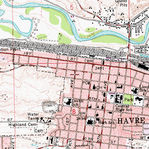 Topographic Map of Havre Post Office, MT