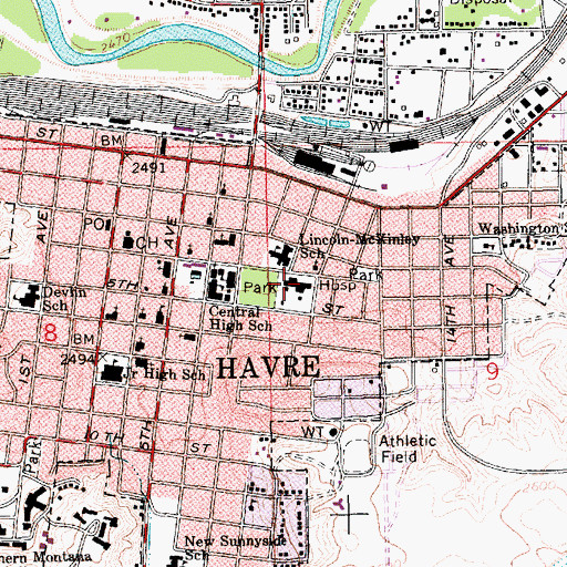 Topographic Map of Sacred Heart Hospital (historical), MT