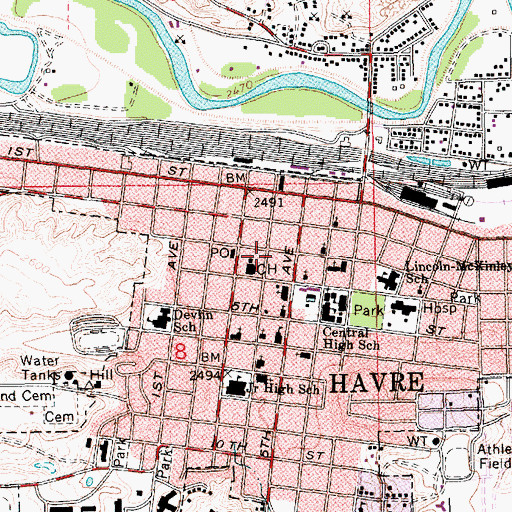 Topographic Map of Havre - Hill County Library, MT