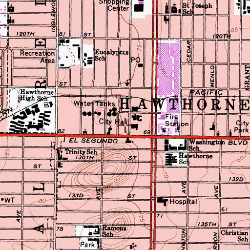Topographic Map of Hawthorne Branch County of Los Angeles Public Library, CA