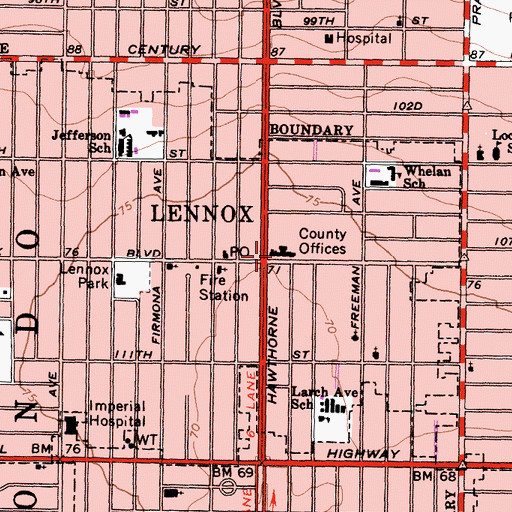 Topographic Map of Lennox Branch County of Los Angeles Public Library, CA