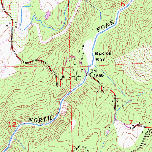 Topographic Map of Bucks Bar Campground, CA
