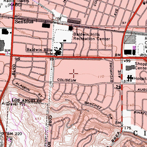 Topographic Map of Baldwin Hills Village, CA