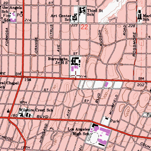 Topographic Map of Memorial Branch Los Angeles Public Library, CA