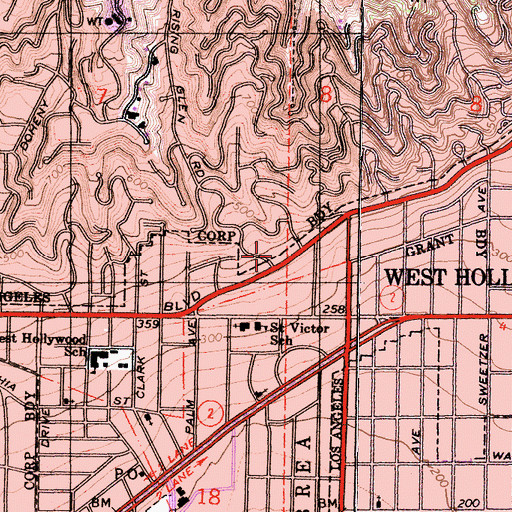 Topographic Map of Sunset Plaza Shopping Center, CA