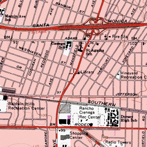Topographic Map of Baldwin Hills Branch Los Angeles Public Library, CA