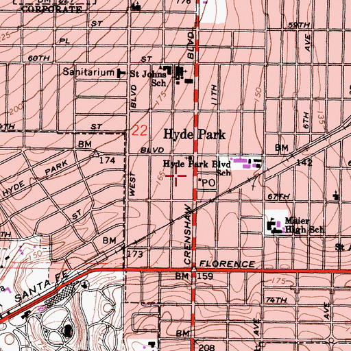 Topographic Map of Hyde Park Branch Los Angeles Public Library, CA