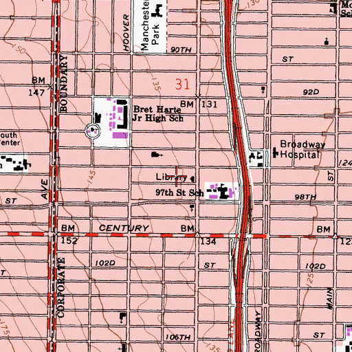Topographic Map of Mark Twain Branch Los Angeles Public Library, CA