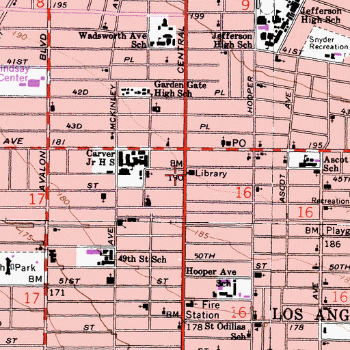 Topographic Map of Vernon Branch Los Angeles Public Library, CA