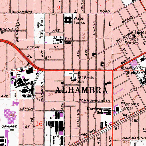 Topographic Map of All Souls Roman Catholic Church, CA