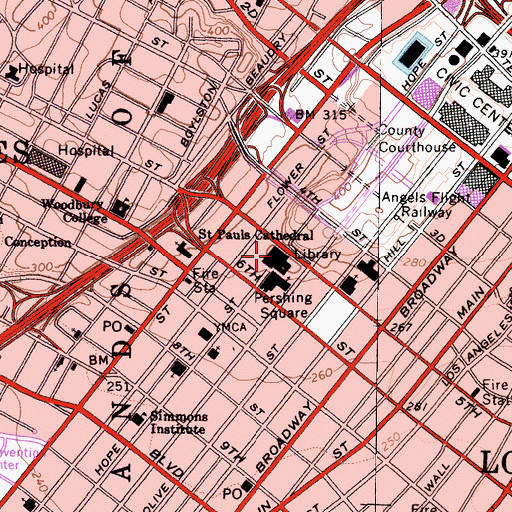 Topographic Map of Los Angeles Public Library, CA