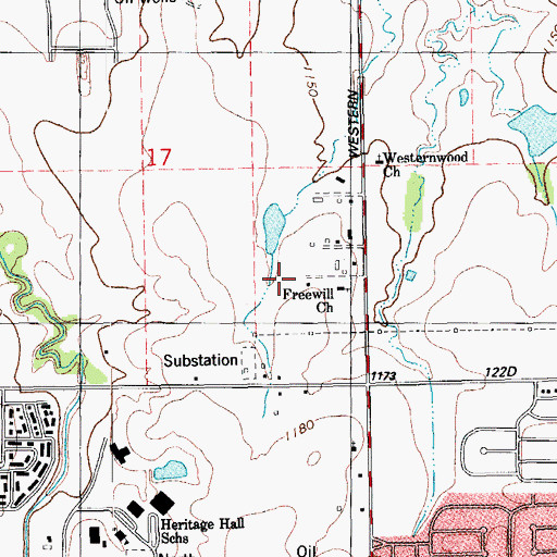 Topographic Map of Freewill Church, OK