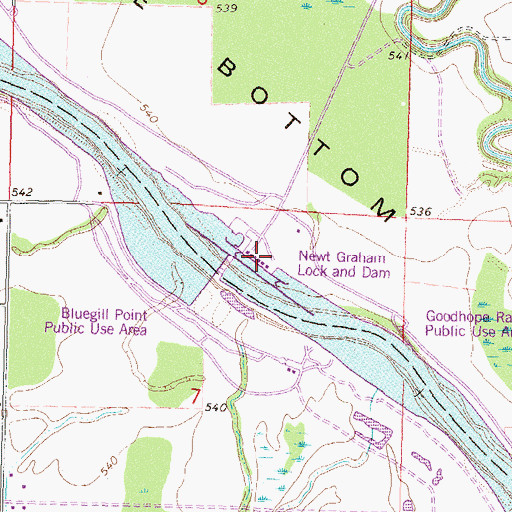 Topographic Map of Newt Graham Lock and Dam, OK