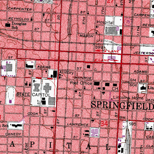 Topographic Map of Downtown Springfield Post Office, IL