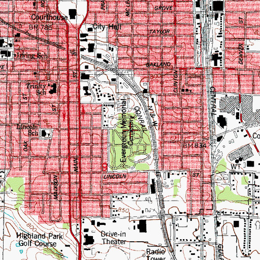 Topographic Map of Evergreen Cemetery, IL