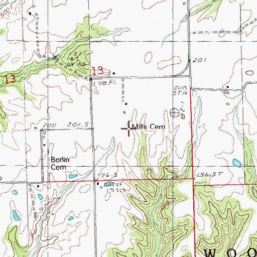 Topographic Map of Mills Cemetery, IL