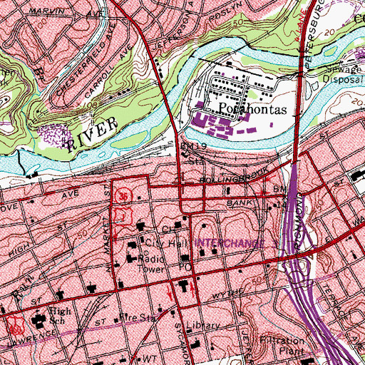 Topographic Map of Petersburg Old Town Historic District, VA