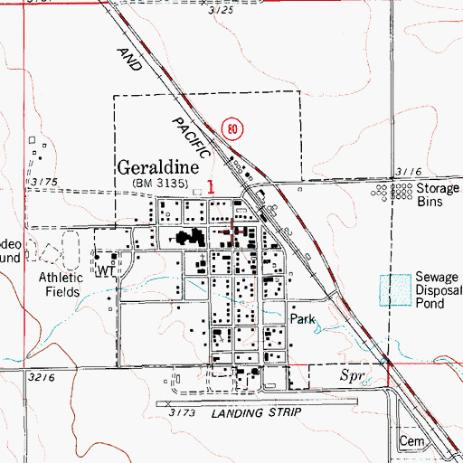 Topographic Map of Geraldine Post Office, MT