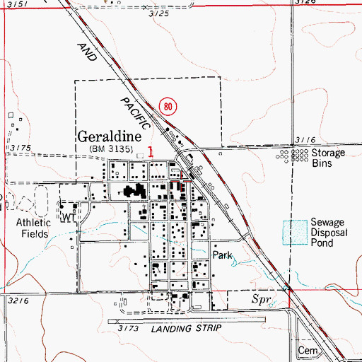 Topographic Map of Geraldine Branch Library, MT