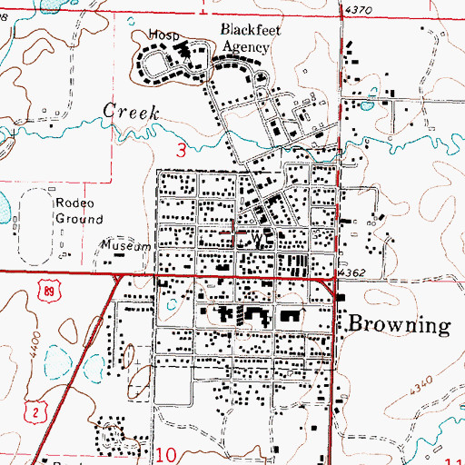 Topographic Map of Browning Volunteer Fire Department, MT
