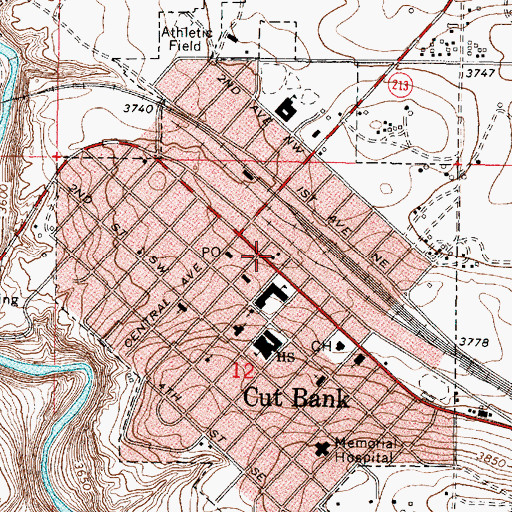 Topographic Map of Cut Bank Police Department, MT