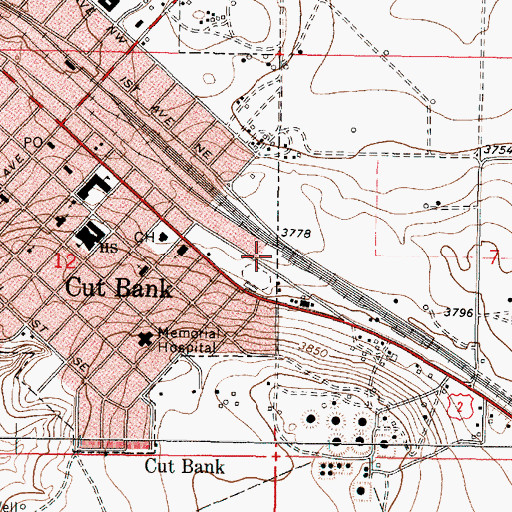 Topographic Map of Cut Bank Volunteer Fire Department, MT