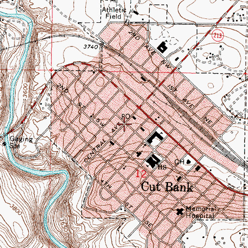 Topographic Map of Cut Bank Post Office, MT