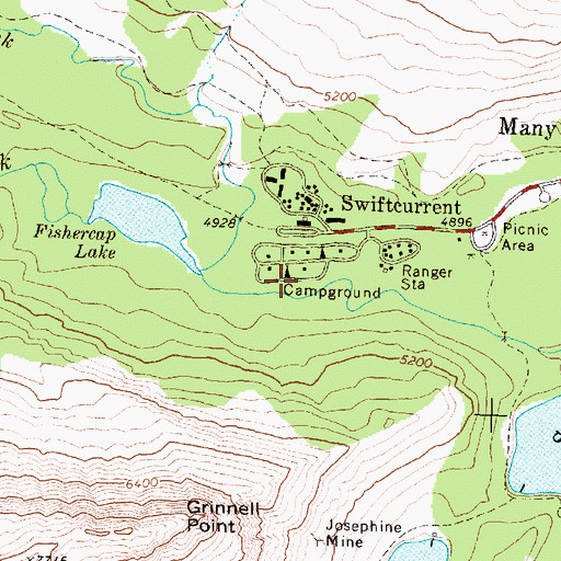 Topographic Map of Many Glacier Campground, MT