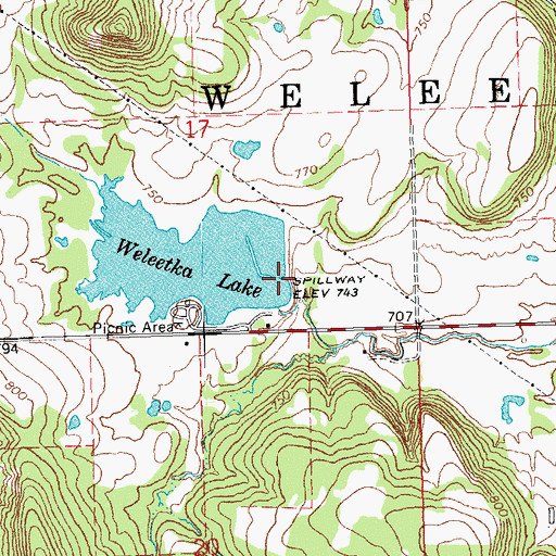 Topographic Map of Weleetka Dam, OK