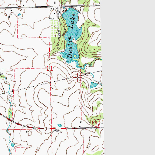 Topographic Map of Dustin Lake Dam, OK