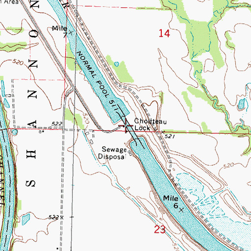 Topographic Map of Chouteau Lock and Dam 17, OK