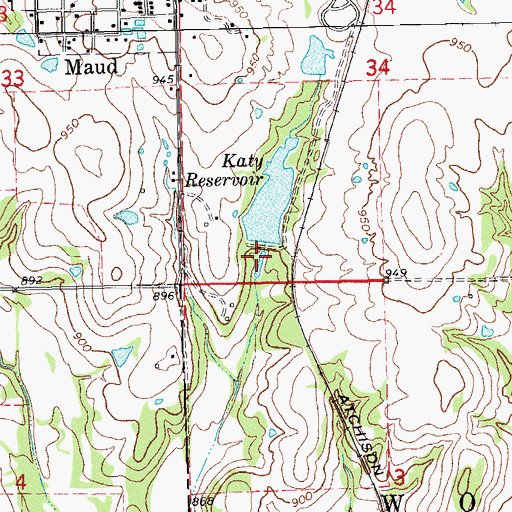 Topographic Map of Katy Reservoir Dam, OK