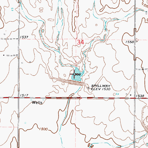 Topographic Map of Tri-County Turkey Creek Site 16 Reservoir, OK