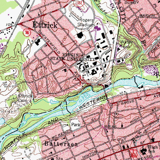 Topographic Map of Ettrick Post Office, VA