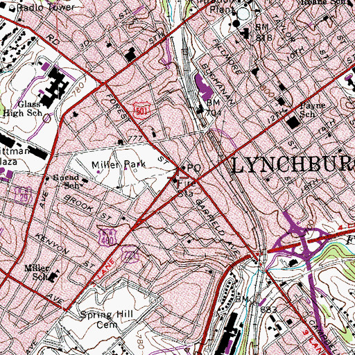 Topographic Map of Lynchburg Fire Department Station 6 Miller Park, VA