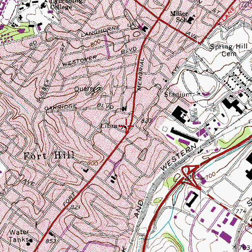 Topographic Map of Fort Hill Library, VA