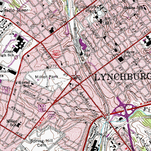 Topographic Map of Miller Park Station Lynchburg Post Office, VA