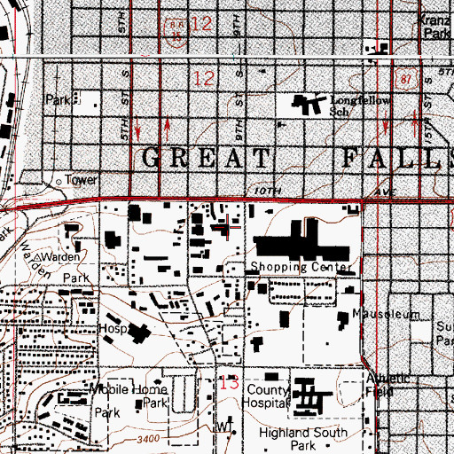 Topographic Map of Evergreen Mall, MT