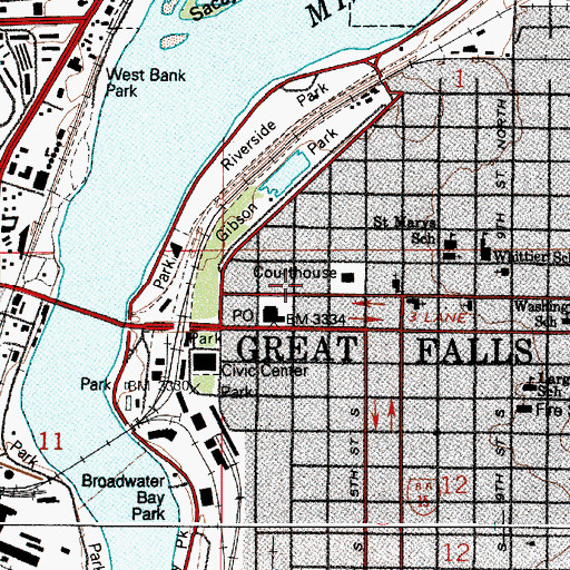 Topographic Map of Great Falls Public Library, MT