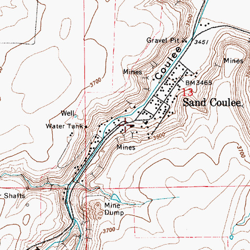 Topographic Map of Sand Coulee Volunteer Fire Department, MT