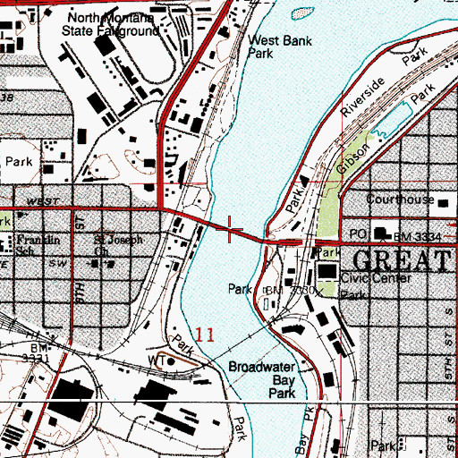 Topographic Map of First Avenue North Bridge, MT