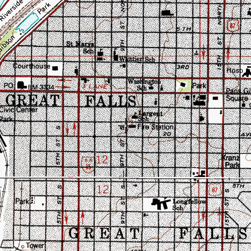 Topographic Map of Great Falls Fire Rescue Station 1, MT